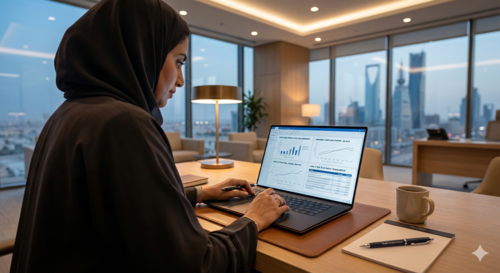 HR manager reviewing foreign branch office risks Saudi Arabia and corporate compliance reports.